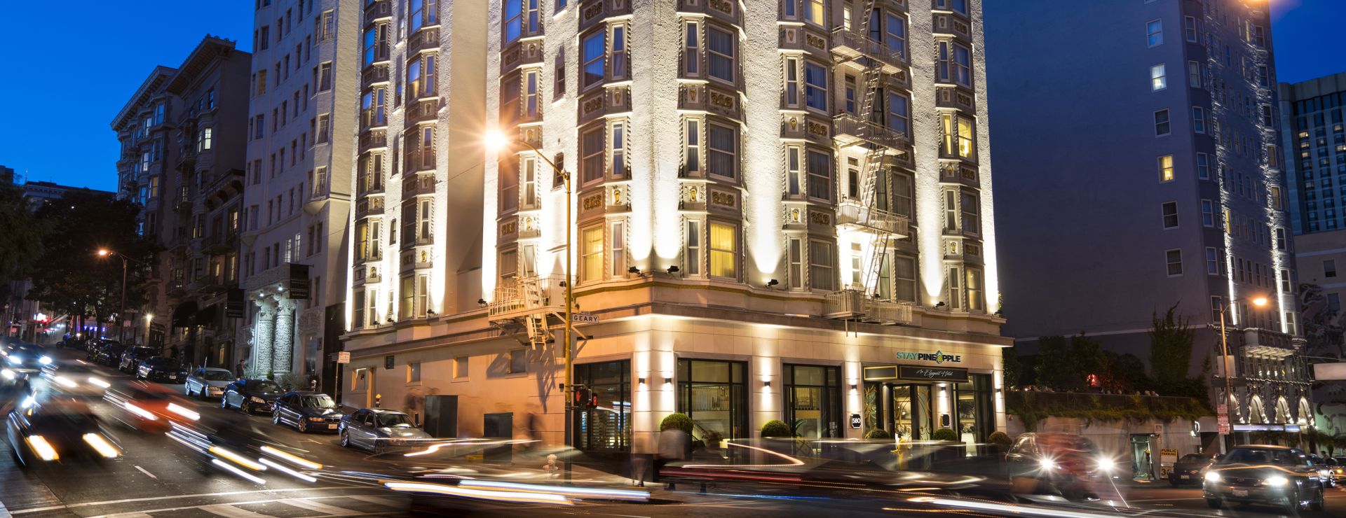 Exterior of hotel building at night