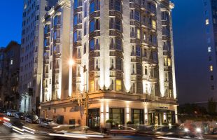 Exterior of hotel building at night